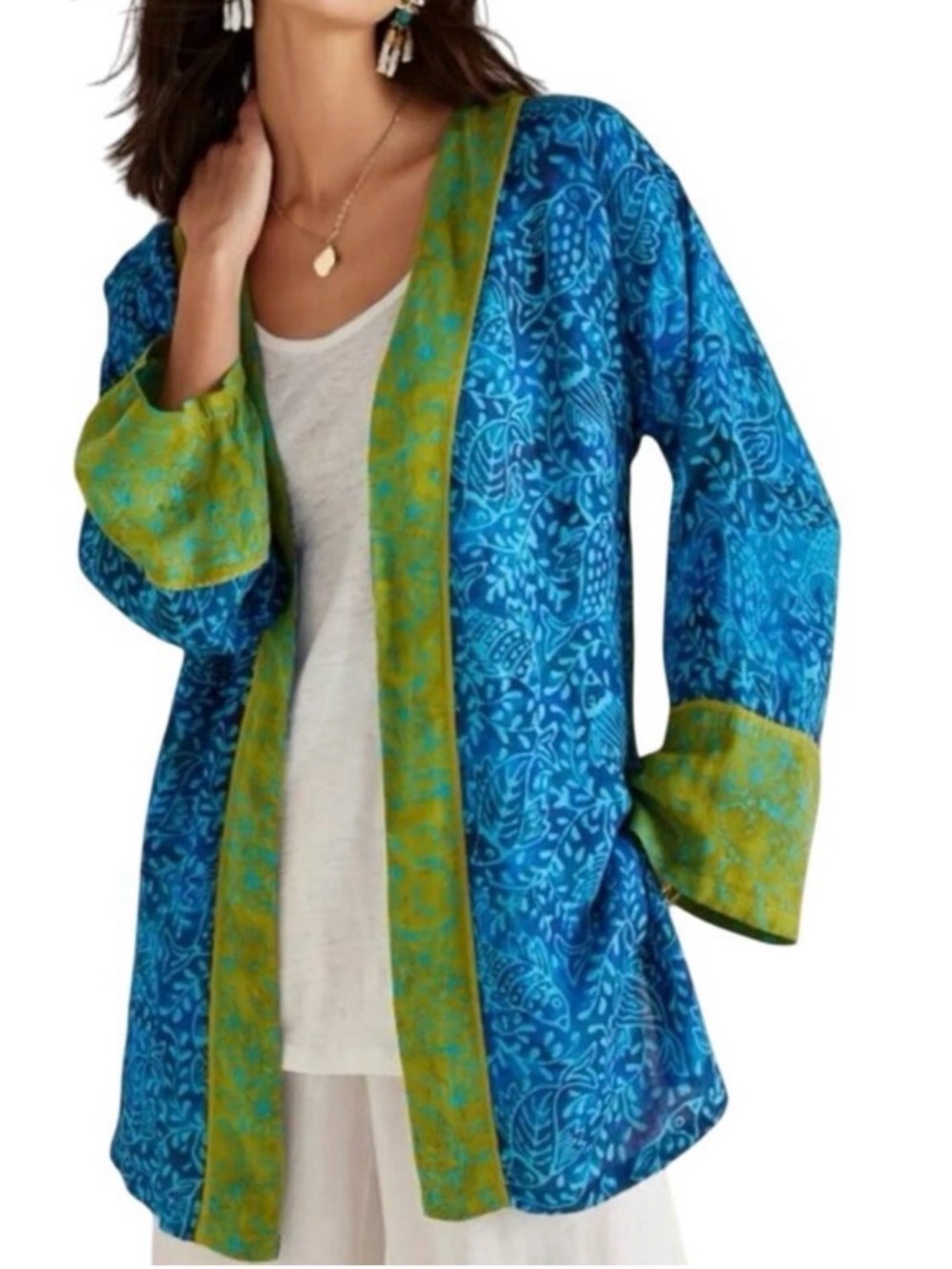 Soft Surroundings Teal Blue and Lime Green Printed Open Kimono Jacket